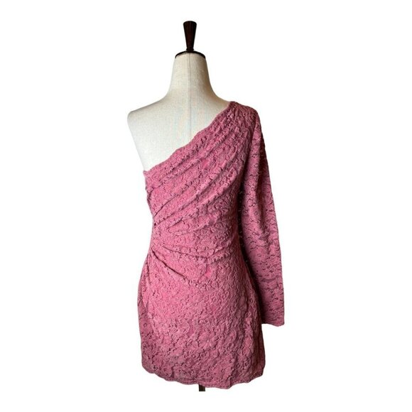 Saylor Pink Lace Velvet Long Sleeve One Shoulder Ruched Cut Out Mini Dress XS - Picture 2 of 10